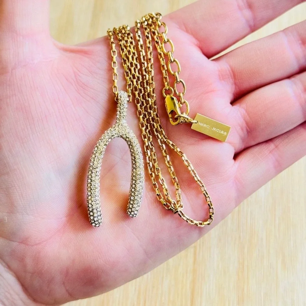 Michael Kors Gold Plated Wishbone Necklace Crystal Pave Authentic Rare Box Chain